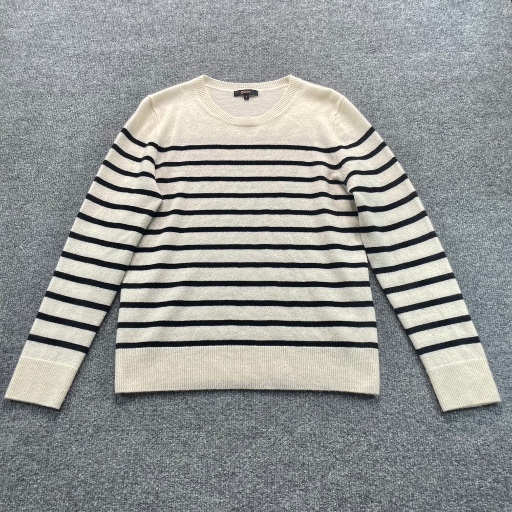 Quince Mongolian Cashmere Crewneck Sweater Womens S Ivory Black Stripe
